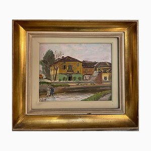 Pietro Virgilio Lietti, Figures Along The Canal, Oil on Panel, Framed