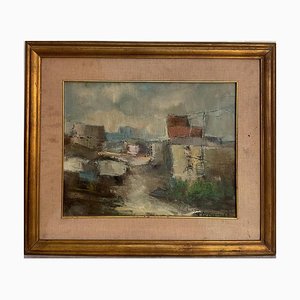 Pietro Virgilio Lietti, Figures Long The Canal, 1900s, Huile sur Panneau, Encadrée