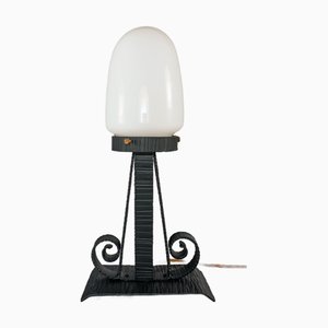 Vintage French Table Lamp in Wrought Iron with Opaline Shade, 1960s