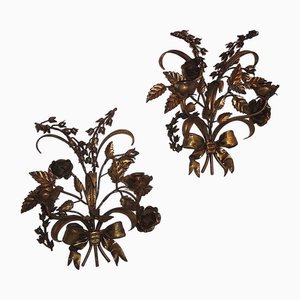 Vergoldete doppelwandige Tole Kerzenhalter mit Rosen von Hans Kögl, 1960er, 2er Set