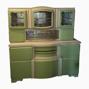 Meuble de Cuisine Art Déco Vert et Crème avec Portes en Verre, Hongrie, 1940s