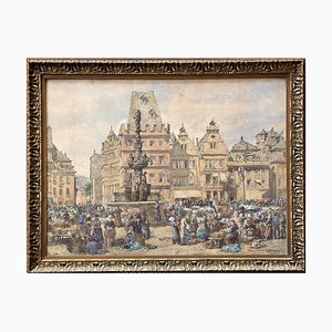 Samuel John Hodson, The Main Market in Trier, 1886, Large Watercolor with Many People