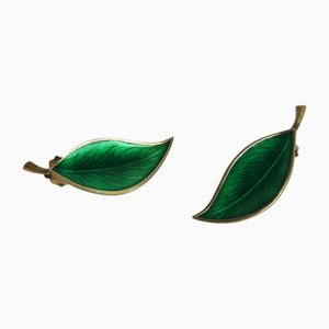 Mid-Century Modern Danish Sterling Silver and Enamel Leaf Ear Clips by Brd. B, 1960s, Set of 2
