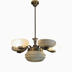 Art Deco Brass and Glass 5-Arm Chandelier, Central Europe, 1940s