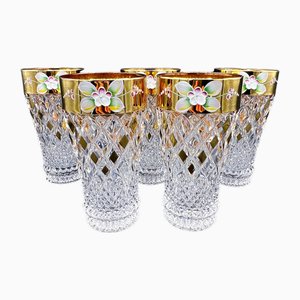 Vintage Bohemian Cut Crystal Highball Glasses with Tre Fuochi Enamel and Gilt Rims from Moser, 1950s, Set of 5