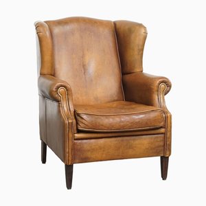 Vintage Sheepskin Wing Chair with Patina