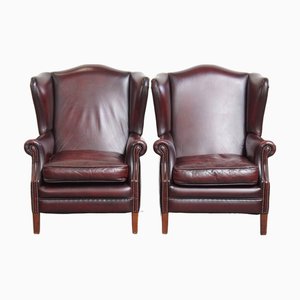 Poltrone in pelle di vacchetta rossa bordeaux, set di 2