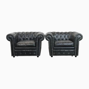 Poltrone Chesterfield in pelle di vacchetta nera, set di 2
