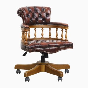 Height-Adjustable Brown Cowhide and Wood Chesterfield Swivel Office Chair