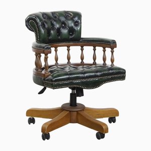 Dark Green Cowhide and Wood Chesterfield Swivel Office Chair