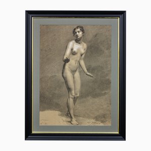 Jean Croizier, Life Study of Standing Female Nude, 1819, Chalk and Watercolor and Paper, Framed