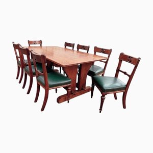 Arts & Crafts Light Oak Dining Table and Chairs, Set of 9