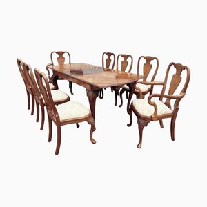 Art Deco Burr Walnut Extending Dining Table and Chairs, Set of 9