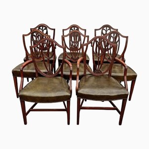 Hepplewhite Dining Chairs with Green Leather Upholstery and Prince of Wales Feathers, Set of 8