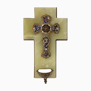 Antikes französisches Napoleon III Champleve Onyx Weihwasser Font Kruzifix