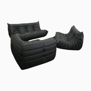 Canapé Togo Modulable en Cuir Noir attribué à Michel Ducaroy pour Ligne Roset, 1970s, Set de 3