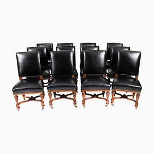 Antique French Walnut and Black Leather Dining Chairs, 19th Century, Set 12