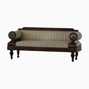 Antique Danish Empire Sofa with Detailed Woodwork and Striped Fabric, 19th Century