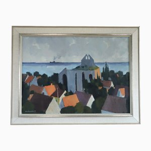 Town by the Sea, Oil Painting, Framed