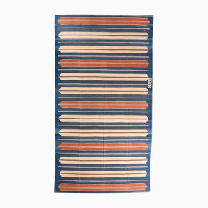 Vintage Dhurrie Flachgewebe mit Streifenmuster in Blau & Orange von Rug&Kilim, 1950er