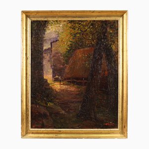 E. Morteo, Countryside Landscape with Figures, 1920, Oil on Canvas, Framed