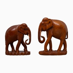 Large Carved Teak Elephant Statue Together with a Smaller Elephant, 1950s, Set of 2
