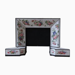 Antique Enameled Fireplace Insert with Floral Motif and Scallop Handle, 1890s