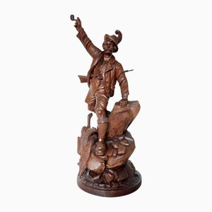 Scultura antica in legno intagliato a mano Cacciatore tirolese con selvaggina, 1900
