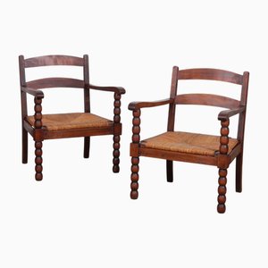Fauteuils en Chêne et Paille, 1940s, Set de 2