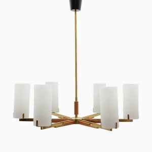 Hängelampe aus Teak, Messing & Opalglas von Kaiser Leuchten, 1960er