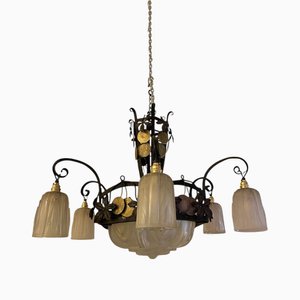 French Art Deco 7-Light Chandelier from Muller Freres Luneville, 1930s