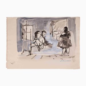 Mino Maccari, The Painter's Studio, 1955, Watercolor on Paper