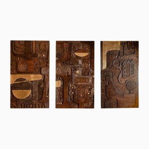 Modern Triptych Panels in Carved Wood by V. De Segonzac, Set of 3