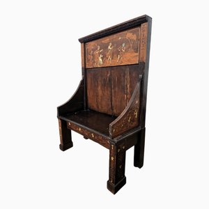 Panca rustica antica in legno intarsiato, Italia, fine XIX secolo