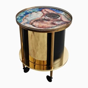 Hollywood Regency Round Brass Bar Cart with Oil Painting Top, Italy, 1960s