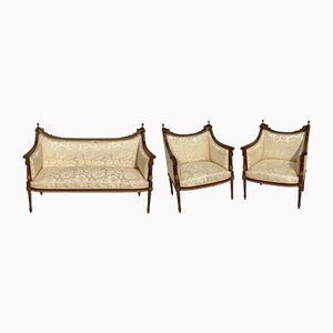 Nussholz Sofa und Sessel im Louis XVI Stil, 3er Set