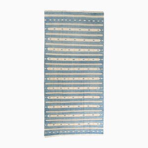 Tessuto piatto Dhurrie vintage a righe bianche e blu, anni '50