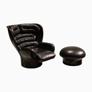Set of Elda Chair and Ottoman in Black Leather by Joe Colombo and Mario Brunu for Comfort, Italy, 1960s