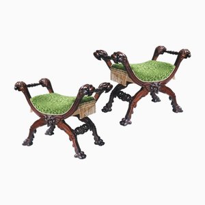 Tabourets Renouveau Gothique avec Têtes de Lion Sculptées par Victor Aimone, 1880s, Set de 2