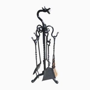 Spanish Gothic Revival Fireplace Tool Set in Hand-Forged Wrought Iron with Dragon Head, 1920, Set of 6
