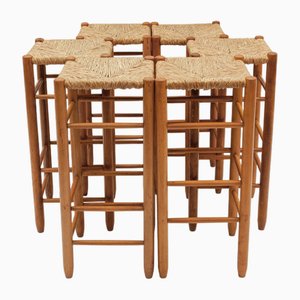 Mid-Century Bar Stools in Wood and Bast, Italy, 1960s, Set of 6