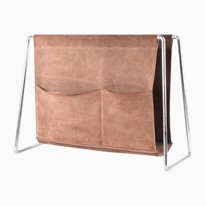 Mid-Century Modern Scandinavian Bachelor Magazine Rack in Dark Brown Leather & Steel by Verner Panton for Fritz Hansen, 1960s