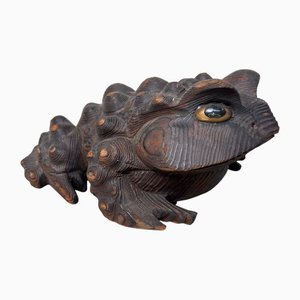 Okimono Kaeru Frog in Carved Yakisugi and Sugi Wood, Japan, 1900-1939
