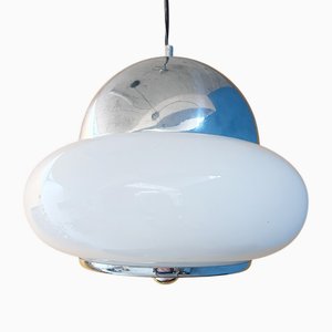Lampada a sospensione Saturn in metallo cromato e vetro opalino, anni '70