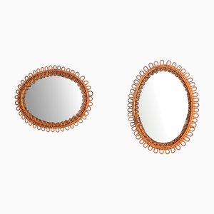 Italian Oval Rattan and Bamboo Mirrors, 1960s, Set of 2