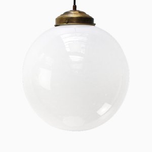 Large Vintage Pendant Light in White Opaline Glass Globe and Brass