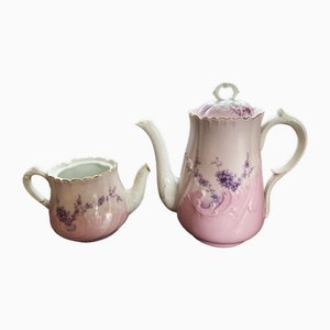 Antique Jug and Sugar Bowl in Pink Porcelain, 19th Century, Set of 2