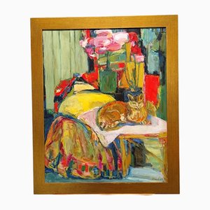 Huguette Baudrot, Chat, 1950s, Huile sur Toile, Encadré