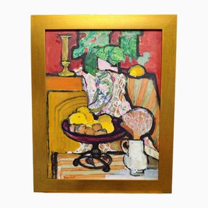 Huguette Baudrot, Bol à Fruits Violet, 1950s, Huile sur Toile, Encadré