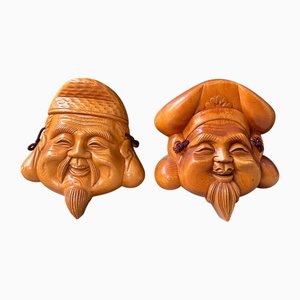 Vintage Japanese Wooden Masks, 1960s, Set of 2